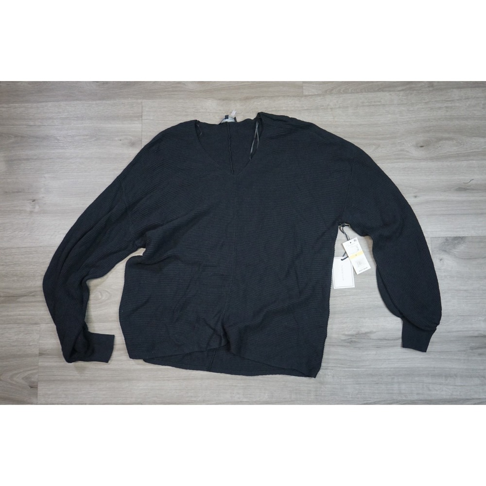 $89 1.STATE Women's‎ Medium Blouson Sleeve Black Textured Knit Cotton V-Neck Top